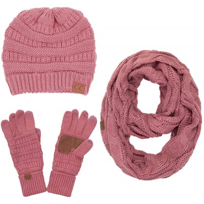 Skullies & Beanies 3pc Set Trendy Warm Chunky Soft Stretch Cable Knit Beanie Scarves Gloves Set - Mauve - CH18ZLGOXI9 $80.44