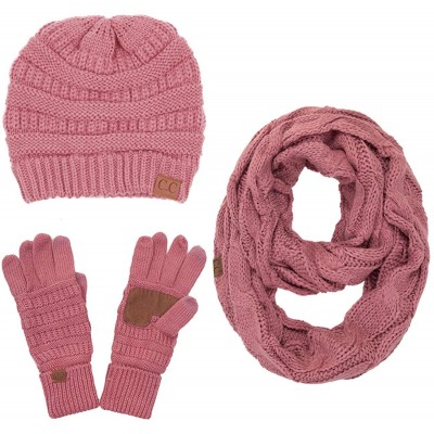 Skullies & Beanies 3pc Set Trendy Warm Chunky Soft Stretch Cable Knit Beanie Scarves Gloves Set - Mauve - CH18ZLGOXI9 $53.99