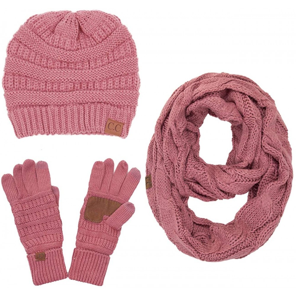 Skullies & Beanies 3pc Set Trendy Warm Chunky Soft Stretch Cable Knit Beanie Scarves Gloves Set - Mauve - CH18ZLGOXI9 $53.99