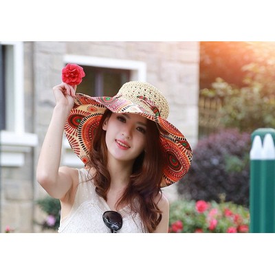 Sun Hats Sun Hat for Women Girls Large Wide Brim Straw Hats UV Protection Beach Packable Straw Caps - Flower A-beige - C318RL...