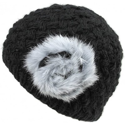 Skullies & Beanies Woman's Warm Soft Cable Lace Pom Furry Flower Crochet Fashion Knit Hat - Black Flower - CZ188KZMWWX $30.25