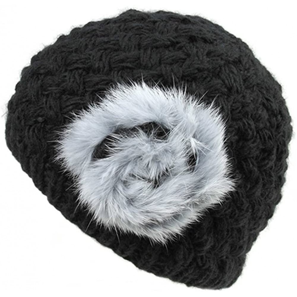 Skullies & Beanies Woman's Warm Soft Cable Lace Pom Furry Flower Crochet Fashion Knit Hat - Black Flower - CZ188KZMWWX $13.52