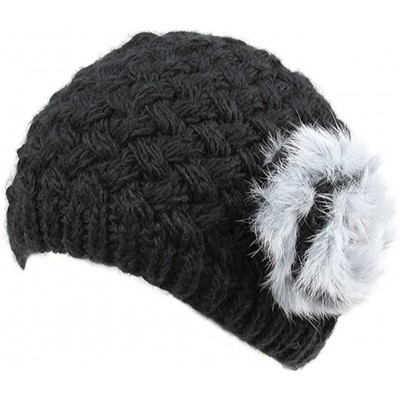 Skullies & Beanies Woman's Warm Soft Cable Lace Pom Furry Flower Crochet Fashion Knit Hat - Black Flower - CZ188KZMWWX $13.52