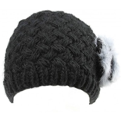 Skullies & Beanies Woman's Warm Soft Cable Lace Pom Furry Flower Crochet Fashion Knit Hat - Black Flower - CZ188KZMWWX $13.52