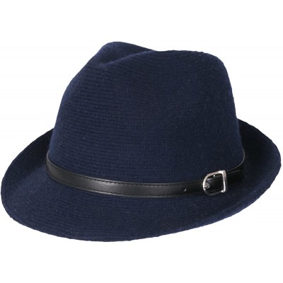 Fedoras Women Knitted Small Brim Slim Faux Leather Belted Fedora Hat - Indigo Blue - CQ186AO2CQN $34.00