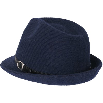 Fedoras Women Knitted Small Brim Slim Faux Leather Belted Fedora Hat - Indigo Blue - CQ186AO2CQN $34.00