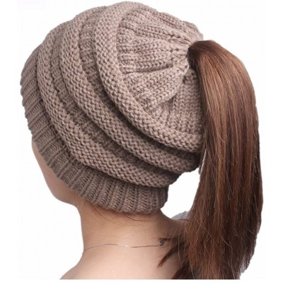 Skullies & Beanies Ponytail Messy BeanieTail Knit Bun Hat Cable Knit Hat Winter Baggy Wool Skull Cap - Khaki - C7187DS38Y5 $1...