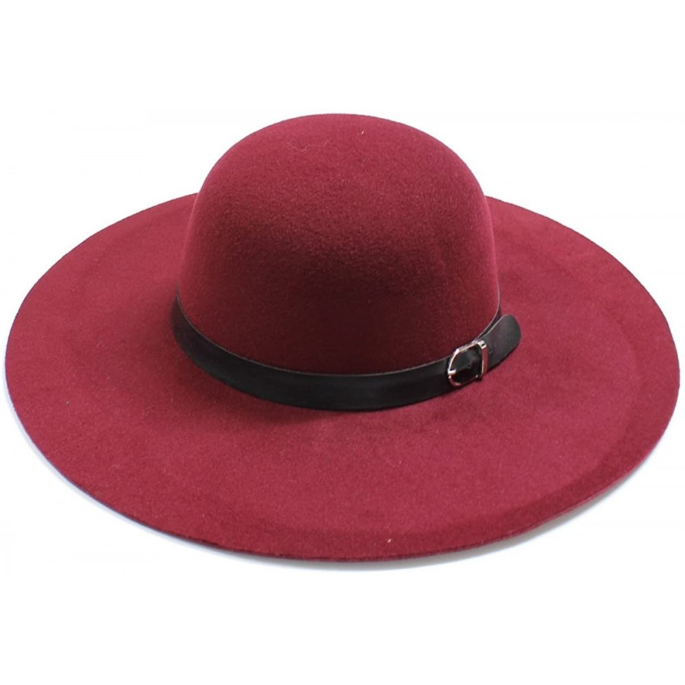 Fedoras Womens Floppy Wool Fedora Felt Hat with Wide Brim Many Styles - Burgundy With Buckle - CS12BDD4E2J $21.03
