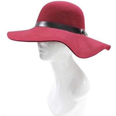 Fedoras Womens Floppy Wool Fedora Felt Hat with Wide Brim Many Styles - Burgundy With Buckle - CS12BDD4E2J $21.03