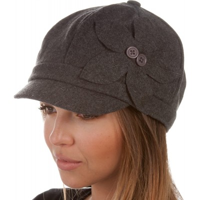 Newsboy Caps Sasha Wool Newsboy Cabbie Hat with Button Flower - Charcoal - CS117BFY7NZ $13.76