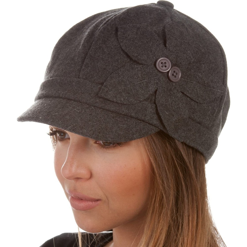 Newsboy Caps Sasha Wool Newsboy Cabbie Hat with Button Flower - Charcoal - CS117BFY7NZ $13.76