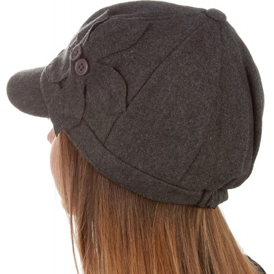 Newsboy Caps Sasha Wool Newsboy Cabbie Hat with Button Flower - Charcoal - CS117BFY7NZ $13.76