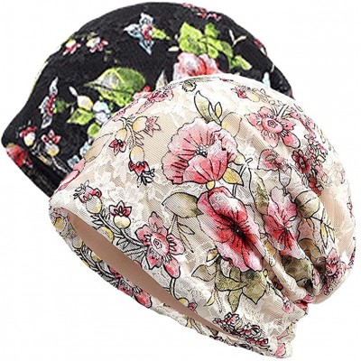 Skullies & Beanies Womens Cotton Beanie Lace Turban Soft Sleep Cap Chemo Hats Fashion Slouchy Hat - 2 Pack Floral Beige+navy ...