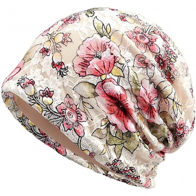 Skullies & Beanies Womens Cotton Beanie Lace Turban Soft Sleep Cap Chemo Hats Fashion Slouchy Hat - 2 Pack Floral Beige+navy ...