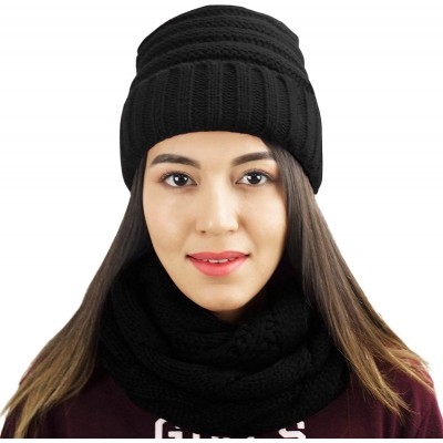 Skullies & Beanies Knit Infinity Scarf Beanie Hat Set Women Winter Circle Loop Scarfs Scarves - Black - C51868M523L $6.99