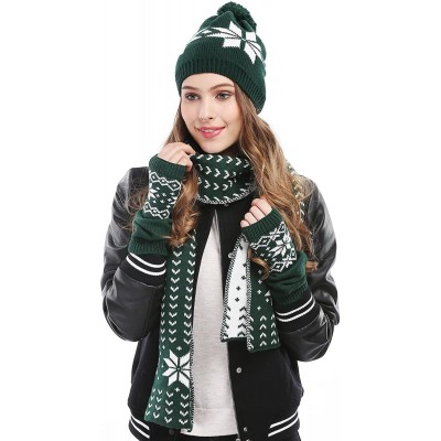 Skullies & Beanies Women Lady Winter Warm Knitted Snowflake Hat Gloves and Scarf Winter Set - Dark Green - CO12642BGGV $22.75