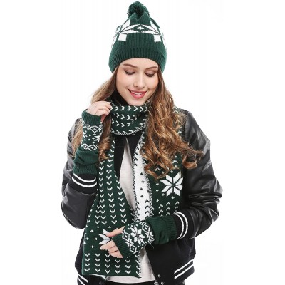 Skullies & Beanies Women Lady Winter Warm Knitted Snowflake Hat Gloves and Scarf Winter Set - Dark Green - CO12642BGGV $22.75