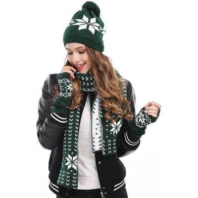 Skullies & Beanies Women Lady Winter Warm Knitted Snowflake Hat Gloves and Scarf Winter Set - Dark Green - CO12642BGGV $22.75