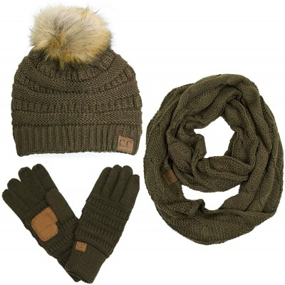 Skullies & Beanies 3pc Set Trendy Warm Chunky Soft Stretch Cable Knit Pom Pom Beanie- Scarves and Gloves Set - New Olive - CX...