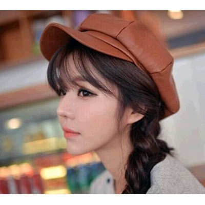 Newsboy Caps Women PU Leather Newsboy Cabbie Peaked Beret Cap Vintage Baker Boy Visor Hat - Brown - CH1888KM8HR $10.61