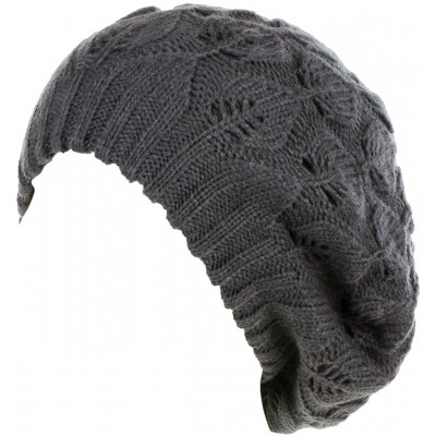 Berets Winter Chic Warm Double Layer Leafy Cutout Crochet Chunky Knit Slouchy Beret Beanie Hat Solid - CV185DQ7H7T $16.02