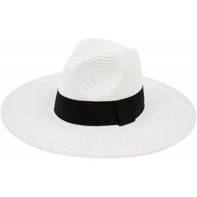 Fedoras Straw Panama Fedora Sun Hat in Solid Color W/Black Grosgrain Band Trim - White - CK17WTN63E5 $25.82