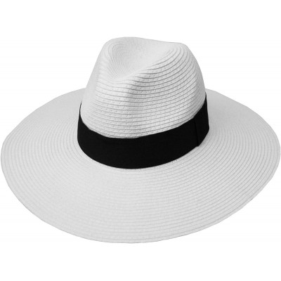 Fedoras Straw Panama Fedora Sun Hat in Solid Color W/Black Grosgrain Band Trim - White - CK17WTN63E5 $25.82