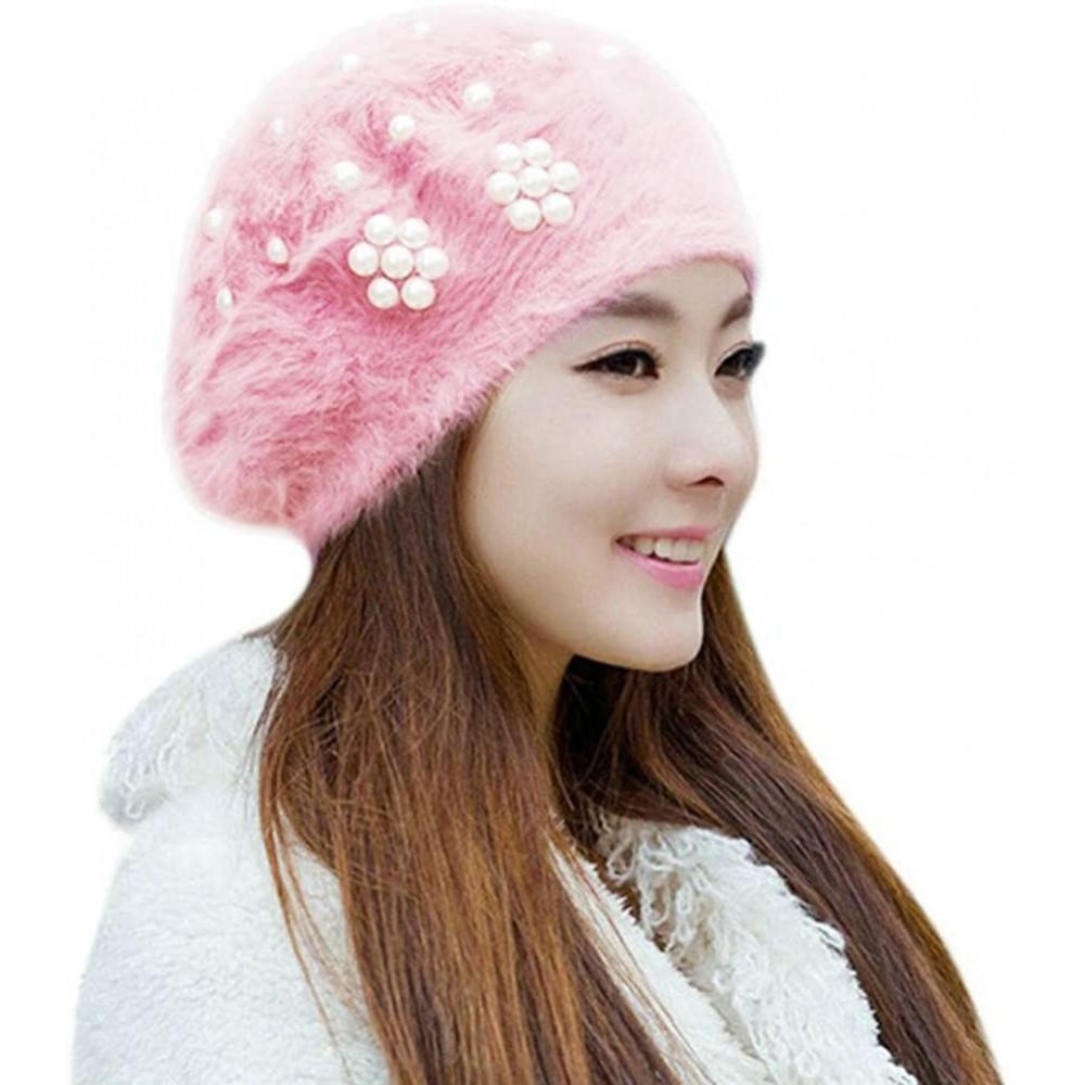 Skullies & Beanies Women Girls Soft Rabbit Fur French Style Beret Pearls Flowers Winter Warm Beanie Hat - Pink - CL18YM0EXGK ...