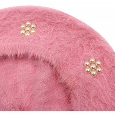 Skullies & Beanies Women Girls Soft Rabbit Fur French Style Beret Pearls Flowers Winter Warm Beanie Hat - Pink - CL18YM0EXGK ...