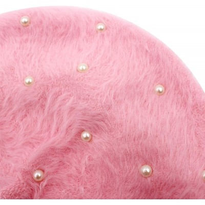 Skullies & Beanies Women Girls Soft Rabbit Fur French Style Beret Pearls Flowers Winter Warm Beanie Hat - Pink - CL18YM0EXGK ...