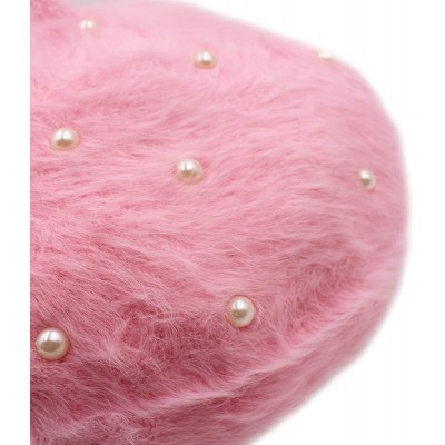 Skullies & Beanies Women Girls Soft Rabbit Fur French Style Beret Pearls Flowers Winter Warm Beanie Hat - Pink - CL18YM0EXGK ...