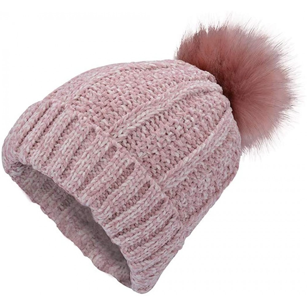 Skullies & Beanies Winter Beanie Hat for Women Knit Thick Snow Cuff Cap with Faux Fur Pompom - Pink-19 - CB18X9A9GMI $9.83