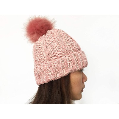 Skullies & Beanies Winter Beanie Hat for Women Knit Thick Snow Cuff Cap with Faux Fur Pompom - Pink-19 - CB18X9A9GMI $9.83