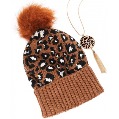 Skullies & Beanies Knit Beanie Hats Slouchy Skull Cap Pompoms Beanie Hat with Leopard Long Necklace - Leopard Brown - CM18ATY...