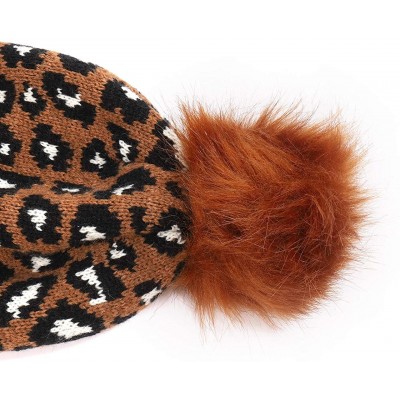 Skullies & Beanies Knit Beanie Hats Slouchy Skull Cap Pompoms Beanie Hat with Leopard Long Necklace - Leopard Brown - CM18ATY...