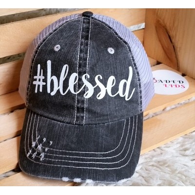 Baseball Caps Women's Blessed Distressed Bling Baseball Cap - Grey/White - C012NAI5SKT $43.07