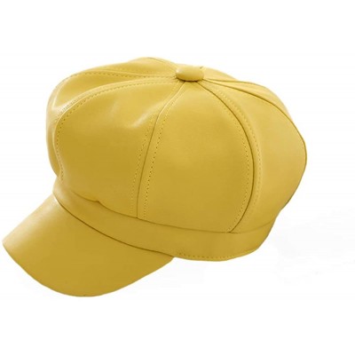 Berets PU Leather Beret Caps Women Newsboy Hats Autumn Winter Plain Visor Beret for Women Girl - Yellow - CK18A4KX09K $28.71