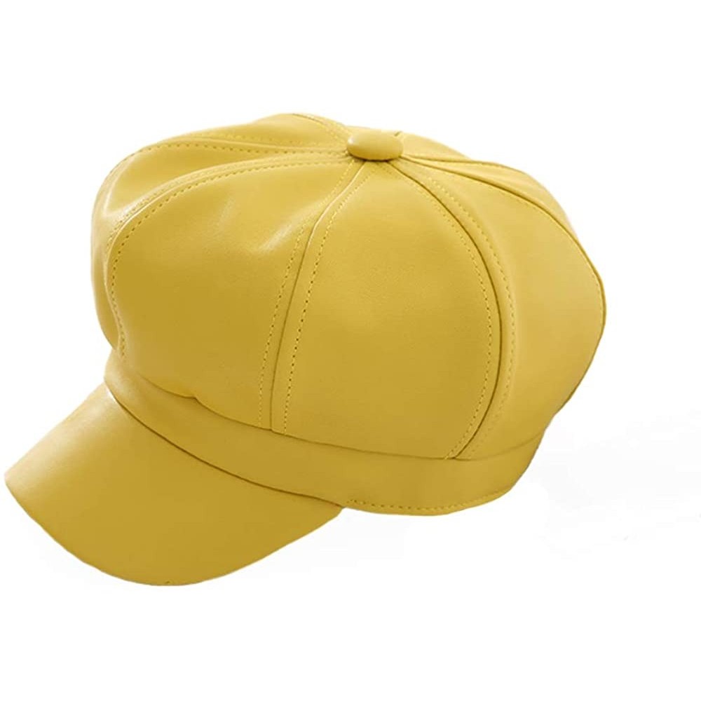 Berets PU Leather Beret Caps Women Newsboy Hats Autumn Winter Plain Visor Beret for Women Girl - Yellow - CK18A4KX09K $15.75