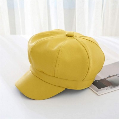 Berets PU Leather Beret Caps Women Newsboy Hats Autumn Winter Plain Visor Beret for Women Girl - Yellow - CK18A4KX09K $15.75