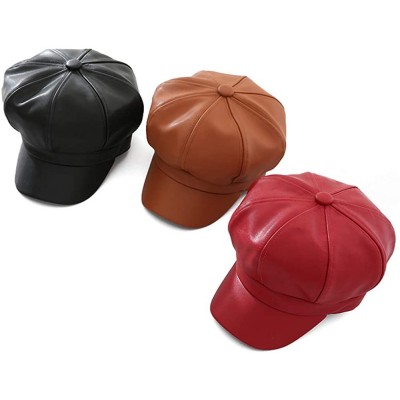 Berets PU Leather Beret Caps Women Newsboy Hats Autumn Winter Plain Visor Beret for Women Girl - Yellow - CK18A4KX09K $15.75