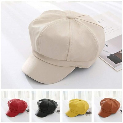 Berets PU Leather Beret Caps Women Newsboy Hats Autumn Winter Plain Visor Beret for Women Girl - Yellow - CK18A4KX09K $15.75