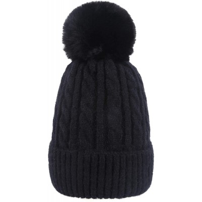 Skullies & Beanies Women's Cold Weather Beanie Hat with Imitation Rex Rabbit Fur Ball- Winter Knitted Skull Cap for Women - B...