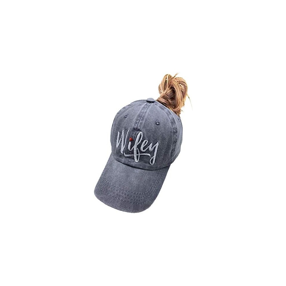 Baseball Caps Embroidered Wifey Ponytail Hat Vintage Washed Adjustable Denim Baseball Cap for Women - Grey - CE19873XUQQ $16.93