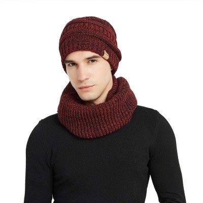 Skullies & Beanies Winter Cable Knit Beanie Hat and Infinity Scarf Set-Men&Women Warm Skull Cap - Red/Black Mix(beanie&scarf ...