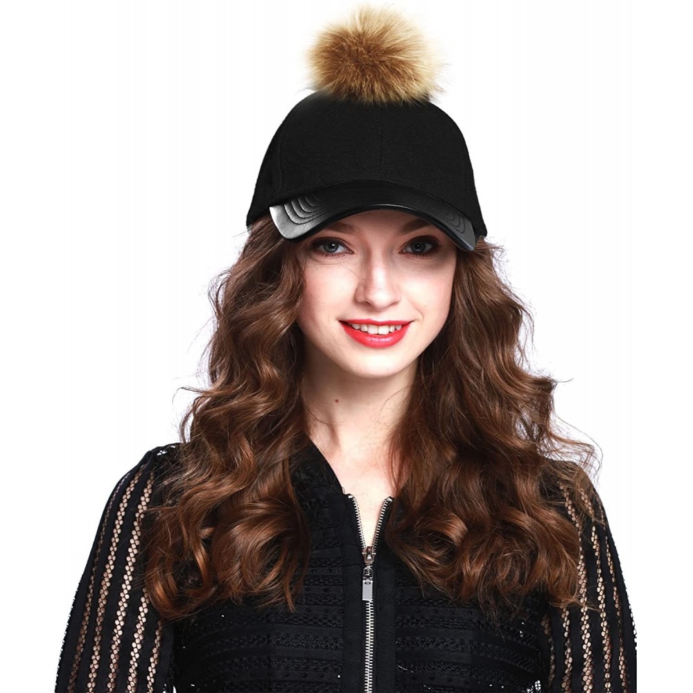 Baseball Caps Women's Faux Fur Pom Pom Baseball Cap - Black/Brown - CH12926OANL $17.81