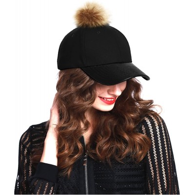 Baseball Caps Women's Faux Fur Pom Pom Baseball Cap - Black/Brown - CH12926OANL $17.81