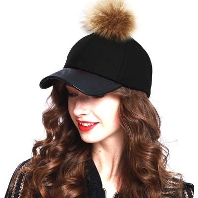 Baseball Caps Women's Faux Fur Pom Pom Baseball Cap - Black/Brown - CH12926OANL $17.81