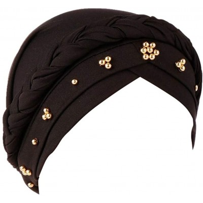 Skullies & Beanies Twisted Beading Braid Chemo Cancer Turbans Cap Hair Cover Wrap Turban Hats Headwear for Women - Black - C8...