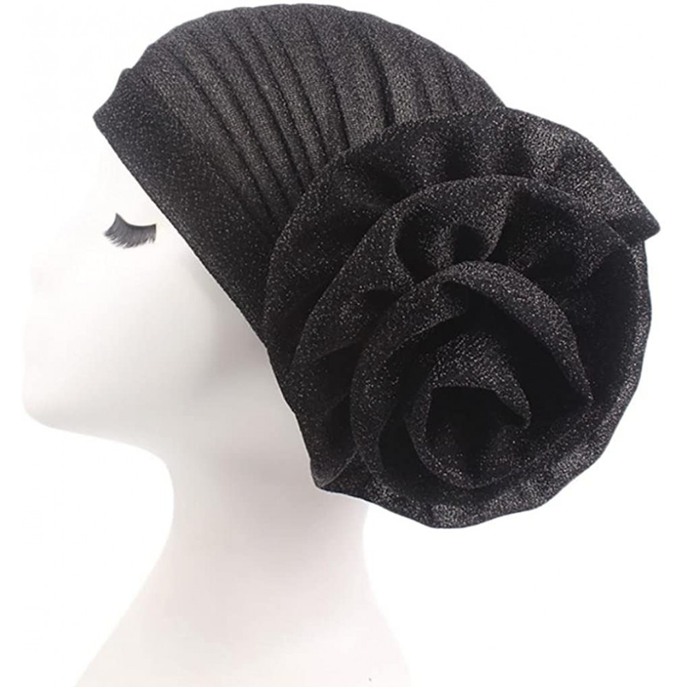 Skullies & Beanies Womens Muslim Floral Elastic Scarf Hat Stretch Turban Head Scarves Headwear Cancer Chemo - Black - CM18E86...