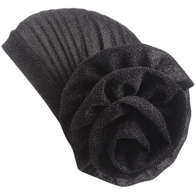 Skullies & Beanies Womens Muslim Floral Elastic Scarf Hat Stretch Turban Head Scarves Headwear Cancer Chemo - Black - CM18E86...